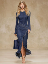Elegant Round Neck Side-slit Denim Long-sleeved Midi Dress