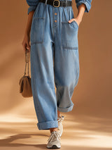 Casual Retro Lapel Button-up Blue Denim Long-sleeved Jumpsuit