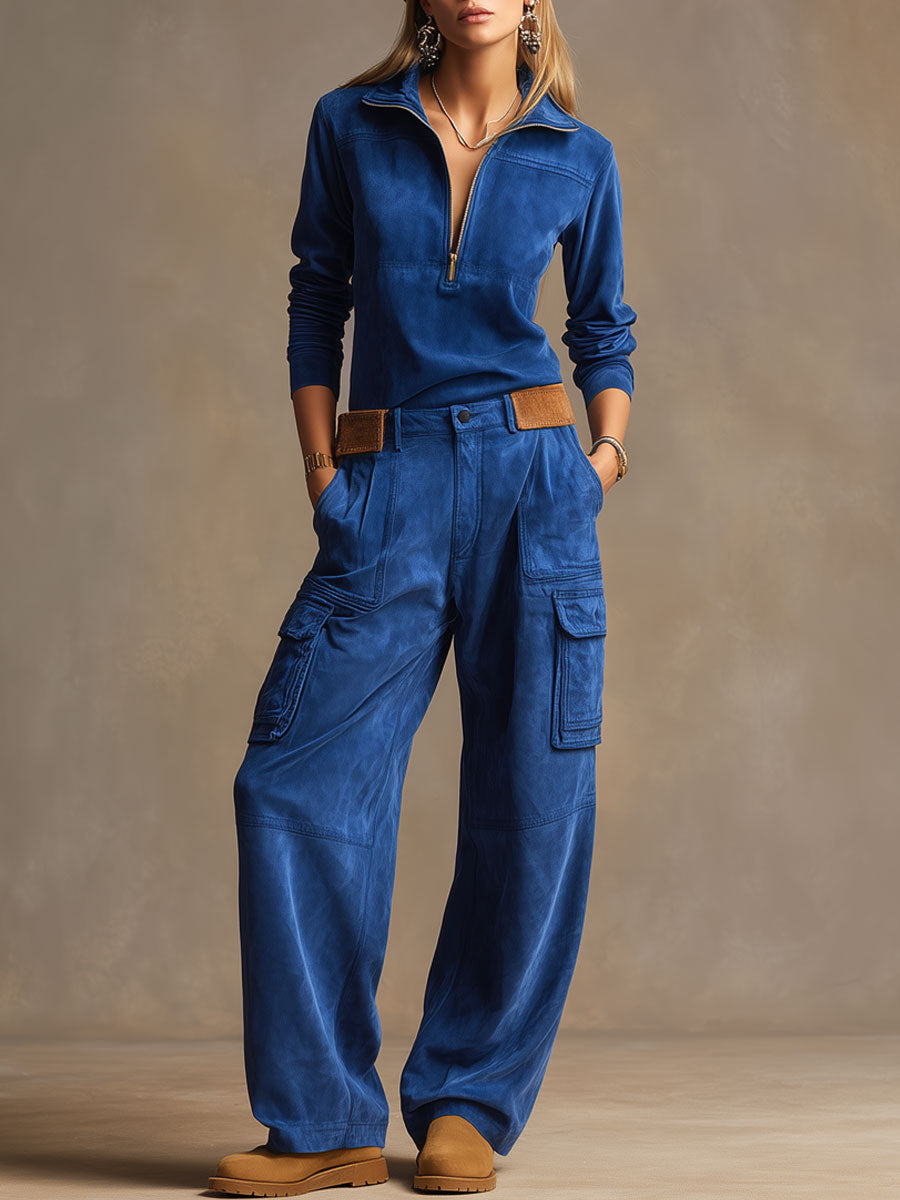 Western Retro Royal Blue Faux Suede Half-zip Work Pants And Top Set