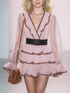 Elegant And Romantic Brown-trimmed V-neck Ruffled Pink Chiffon Mini Dress