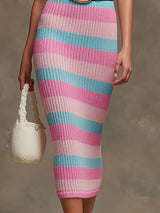Elegant Retro Blue And Pink Knitted Sleeveless Midi Dress