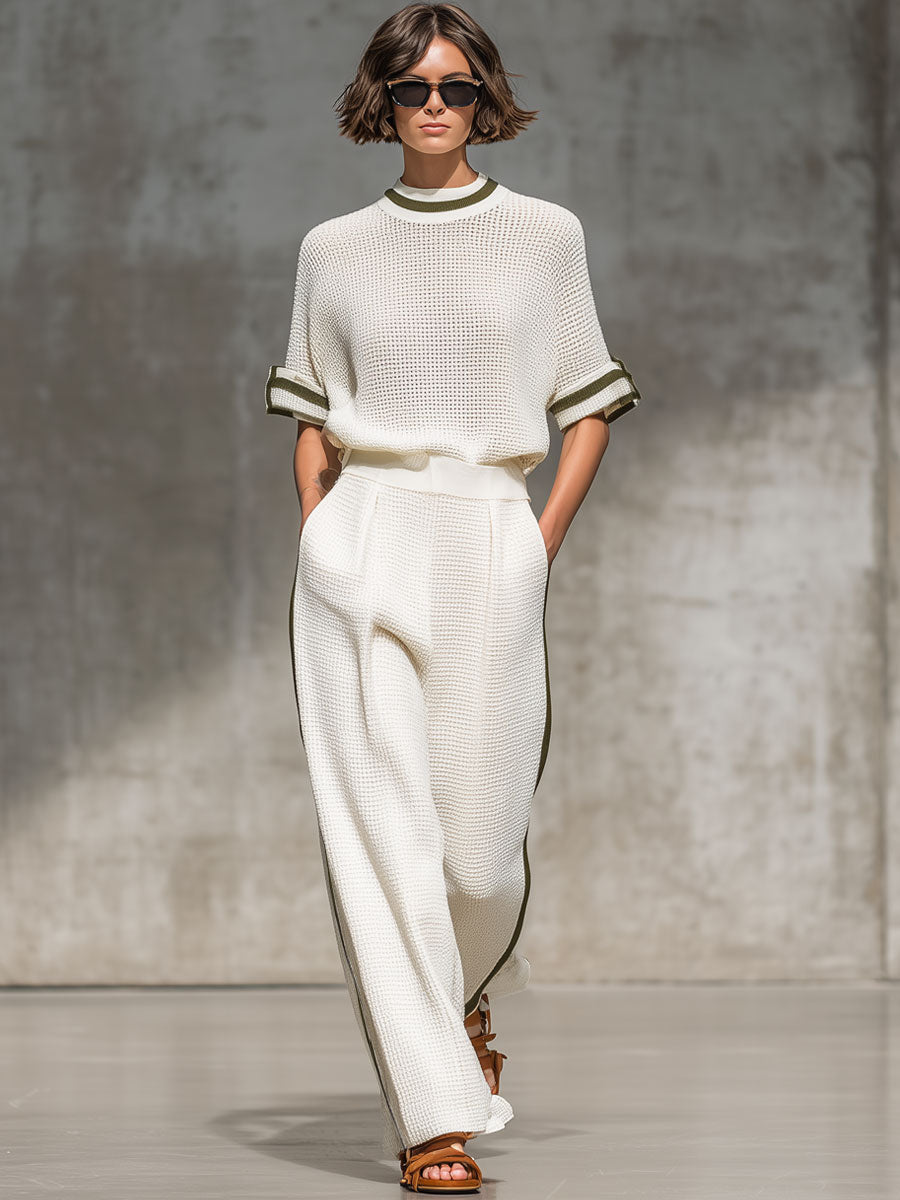 Vintage-Trimmed White Knitted Mesh Short-Sleeved Shirt And Wide-Leg Pants Set