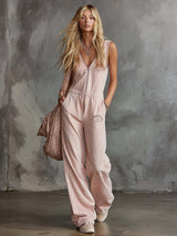 Elegant Retro Sporty V-neck Front Zipper Sleeveless Light Pink Cotton Jumpsuit