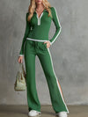 Color-blocked Collared Zip-up Long-sleeved Top And Matching Ribbed Sweatpants Set