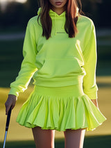 Fluorescent Green Embroidered Hooded Sweatshirt Lantern Skirt Sports Set