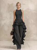 Avant-garde And Fashionable Sleeveless Top With Ruffle Details And Matching Trousers Set