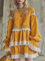 Round Neck Lace Trim Faux Suede Long-sleeved Mini Dress
