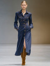 Fashionable Retro Long-sleeved Dark Blue Denim Cardigan Midi Dress