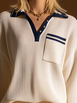 Casual And Stylish White Knitted Long-sleeved Top And Shorts Set