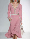 Fashionable And Casual Ruffled Hem Pink V-neck Midi Dress