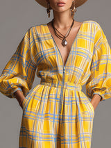 Fashionable Retro Long-sleeved Yellow And Blue Plaid Chiffon Zipper Balloon Jumpsuit