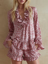 Leopard Print V-neck Ruffled Long-sleeved Top And Shorts Chiffon Set