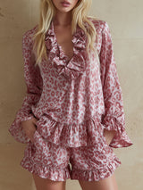 Leopard Print V-neck Ruffled Long-sleeved Top And Shorts Chiffon Set