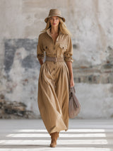 Retro And Stylish Lapel Button-down Khaki Maxi Dress