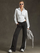 Sporty Retro Striped Black-White Long-sleeved Sweatshirt And Wide-leg Pants Set
