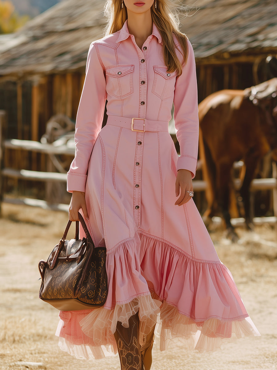 Western Pink Denim Maxi Dress with Tulle Hem