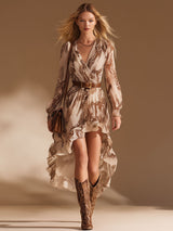 Elegant And Flowing V-Neck Brown Snake Print White Chiffon Midi Dress