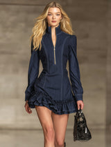 Stand-up Collar Half-zip Ruffled Denim Long-sleeved Mini Dress