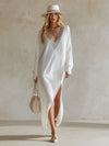 Refined Silhouette White Knit Maxi Dress with Sequined V-Neck