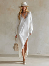 Refined Silhouette White Knit Maxi Dress with Sequined V-Neck