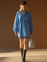 Stylish And Casual Black And White Ribbed Collar Blue Sweatshirt-style Mini Dress.