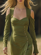 Vintage Western Style Shoulder Cutout Long Sleeve Midi Dress