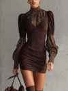 Brown Faux Suede Bodycon Dress With Satin Polka Dots