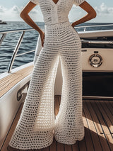 【24-hour shipping out】Seaside Vacation V-neck White Crochet Short-sleeved Top Trousers Set