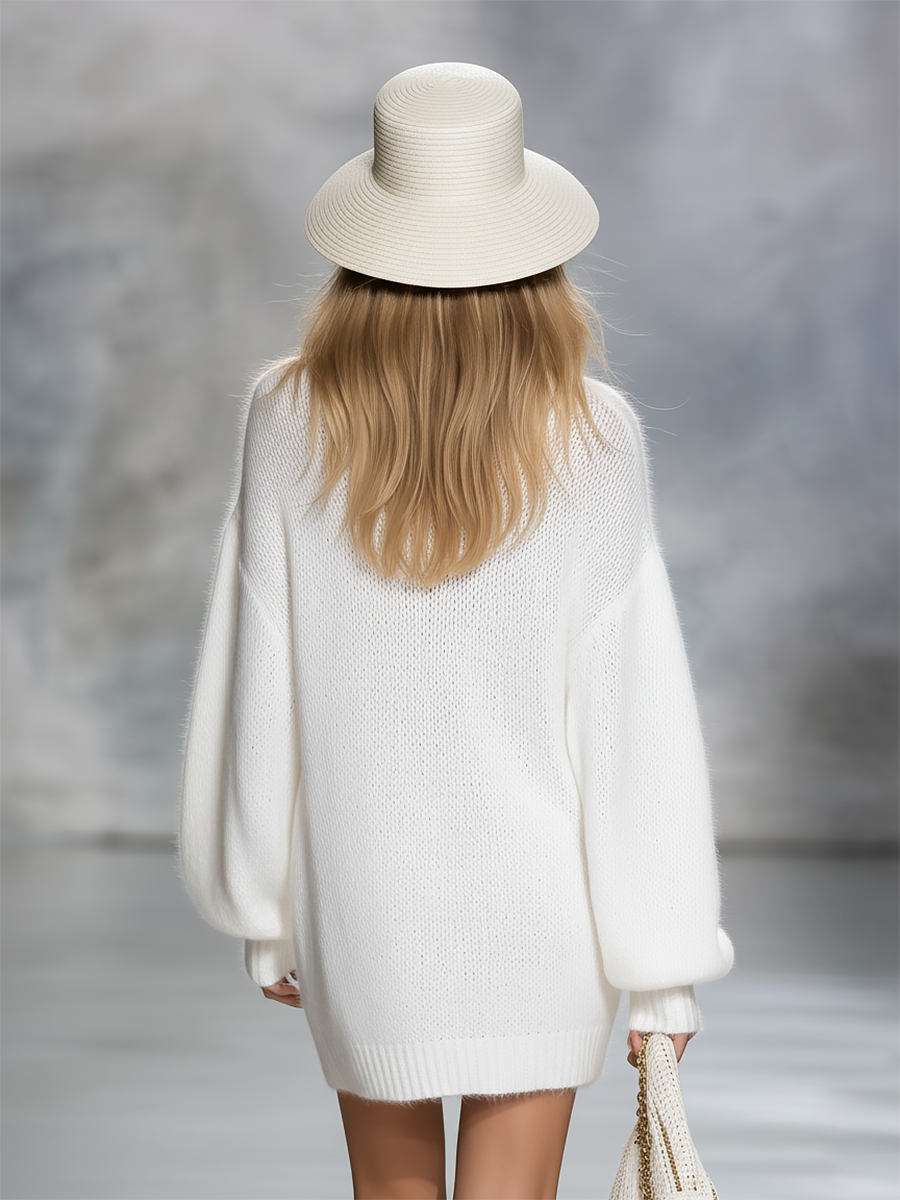 Casual Elegant V-neck Solid Color Knitted Mini Dress