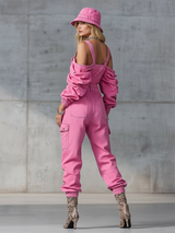 Stylish And Modern Long-sleeved Strappy Tapered Legs Pink Denim Jumpsuit