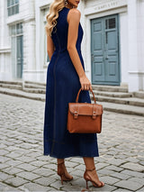 【24-hour shipping out】Casual Loose Fit Crew Neck Front Zipper Dark Blue Denim Maxi Dress