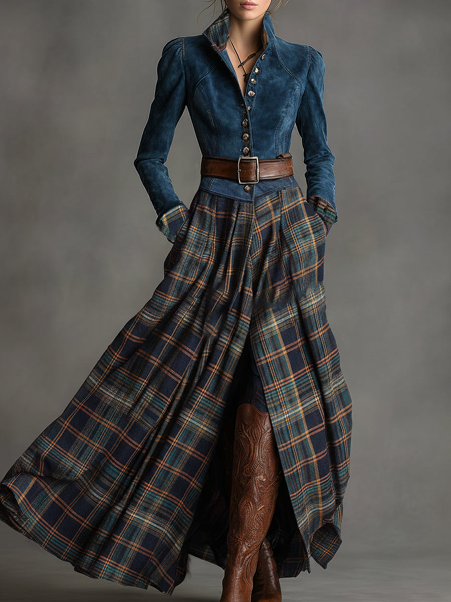 Retro Ethnic Style Belt Blue Faux Suede Plaid Maxi Dress