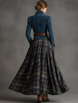 Retro Ethnic Style Belt Blue Faux Suede Plaid Maxi Dress