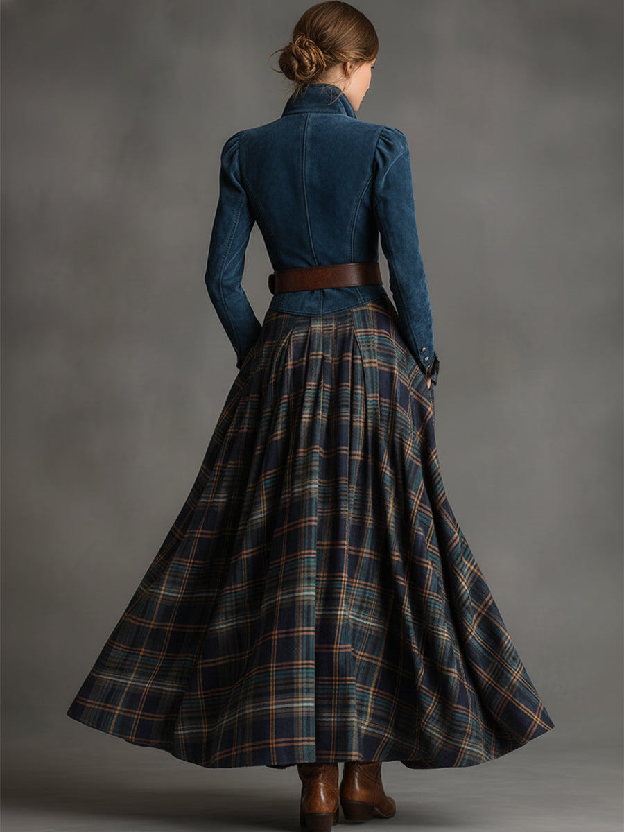 Retro Ethnic Style Belt Blue Faux Suede Plaid Maxi Dress