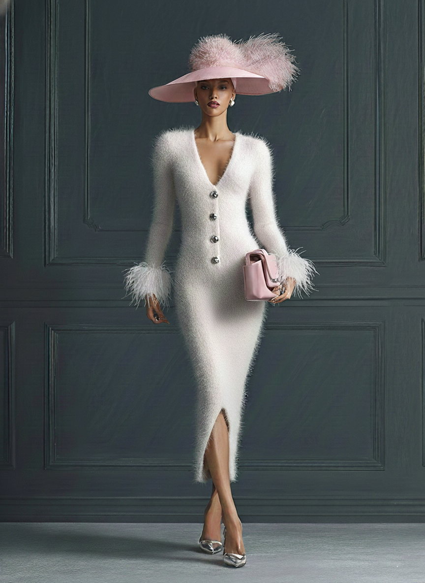 White Mohair V-neck Button Imitation Ostrich Feather Midi Dress