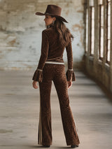 Retro Sporty Brown Leopard Print Lapel Front Zip-up Top And Flared Pants Velvet Set