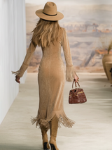 Retro Western Style V-neck Fringed Faux Suede Maxi Dress