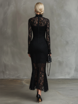 Elegant Party Black Stretch Lace Fishtail Maxi Dress