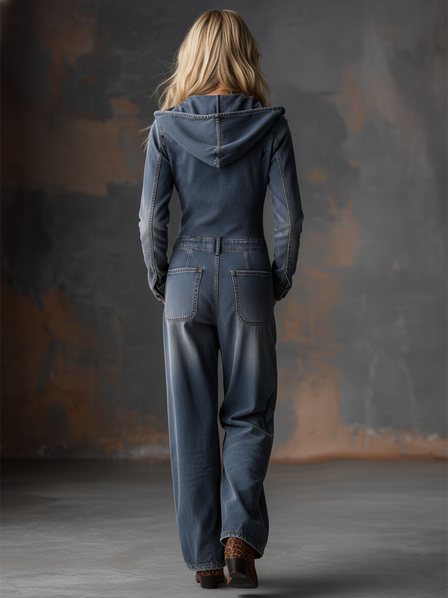 Retro Front Zipper Gray-blue Denim Hooded Jumpsuit