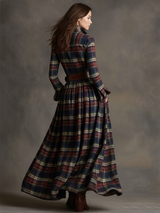 Retro Ethnic Style Lapel Reddish Brown Plaid Maxi Dress