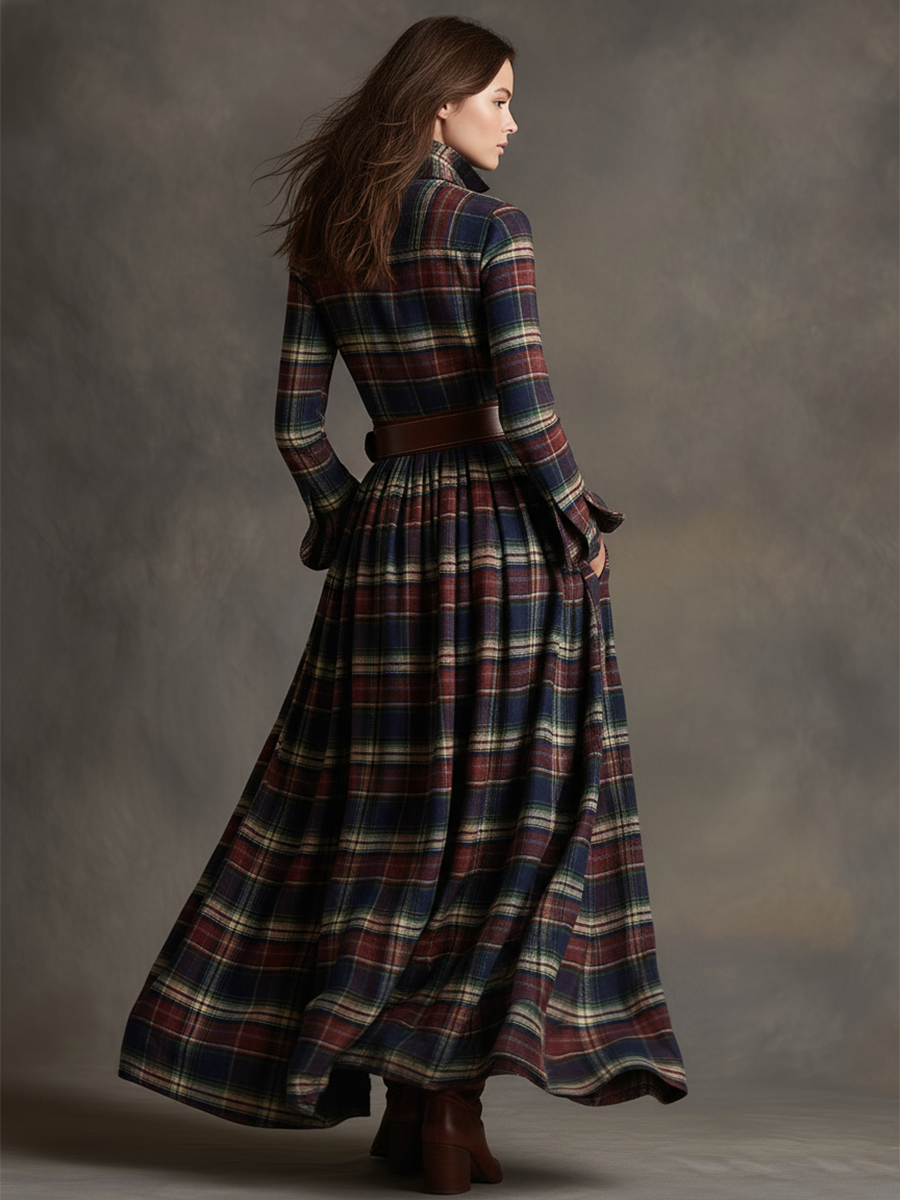 Retro Ethnic Style Lapel Reddish Brown Plaid Maxi Dress