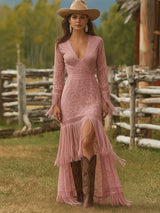 Retro White Lace V-neck Long Sleeve Tassel Short Front And Long Back Skirt Maxi Dress