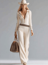 Retro Fashion Sports Hooded V-neck Front Zipper Off-white Knitted Jumpsuit