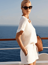 【24-hour shipping out】Casual Fashionable Holiday Style Hollow Knitted White Short-Sleeved Shorts Suit