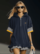 【24-hour shipping out】Casual Ultra-loose Front Zipper Short-sleeved Ruffled Hem Navy Blue Hoodie Style Mini Dress