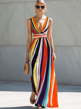 【24-hour shipping out】Elegant Flowing V-neck Rainbow Stripe Print Chiffon Maxi Dress