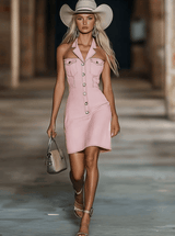 【24-hour shipping out】Fashion Off-The-Shoulder Lapel Front Button Pink Denim Mini Dress