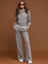 Sporty Retro Pink Striped Half-Zip Gray Sweatshirt And Wide-Leg Pants Set