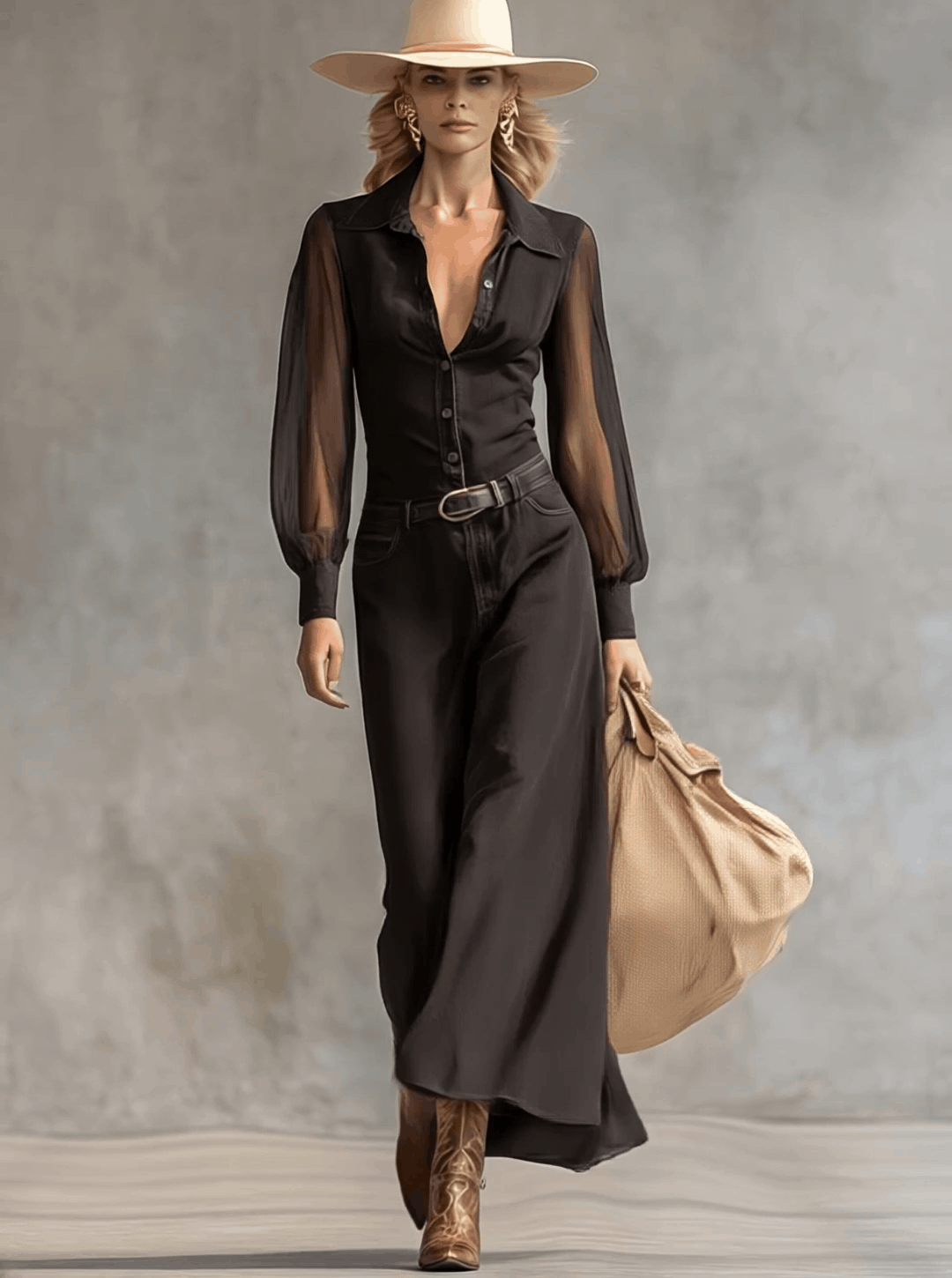 Vintage Western Front Button V-Neck Transparent Long Sleeve Black Denim Maxi Dress