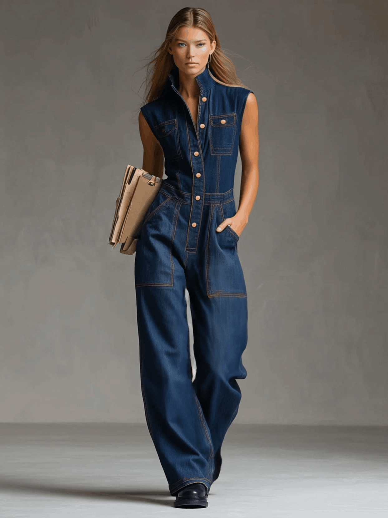Casual Retro Multi-pocket Topstitching Dark Blue Denim Sleeveless Balloon Jumpsuit